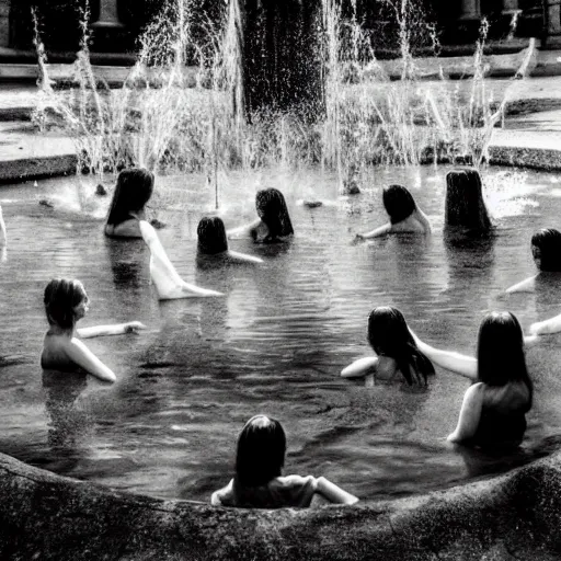 Image similar to the ghosts of the past, present and the future dancing around the fountain of youth and wisdom