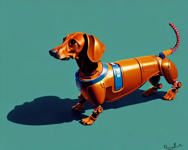 Image similar to robot shaped like a dachshund, hyper - realistic, gta v cover art, celshading, sharp focus, intricate, detailed, rhads, andreas rocha, makoto shinkai, lois van baarle, ilya kuvshinov, greg rutkowski, dynamic lighting, grunge aesthetic, 4 k