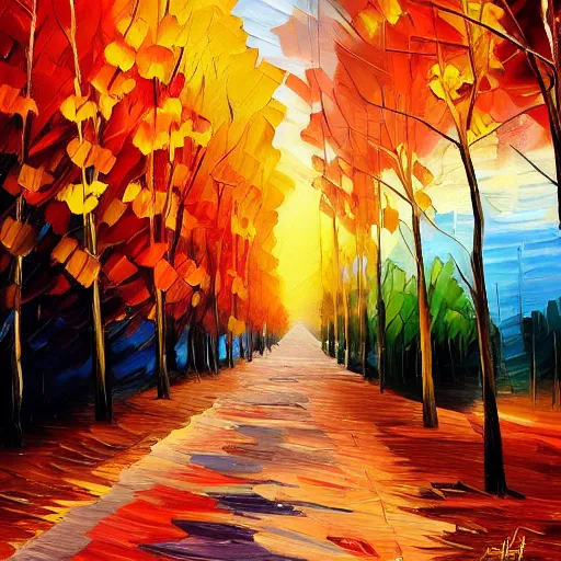 Prompt: tree-lined path at sunset, by Afremov Leonid