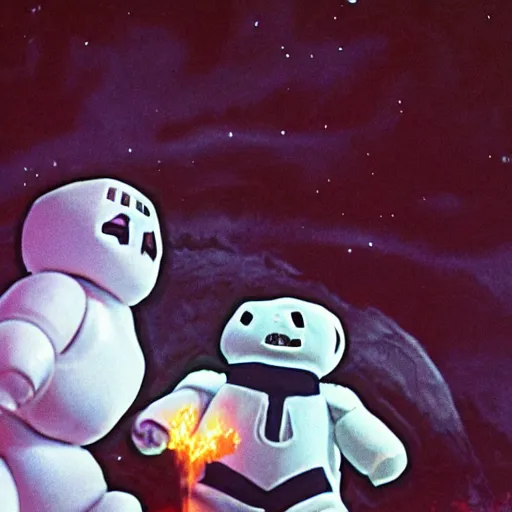 Image similar to color photograph of mechagodzilla fighting the giant Stay Puft Marshmallow Man