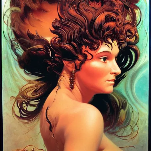 Image similar to portrait of a woman with swirling hair and fractal skin by frank frazetta, retrofuturism, psychedelic art reimagined by industrial light and magic