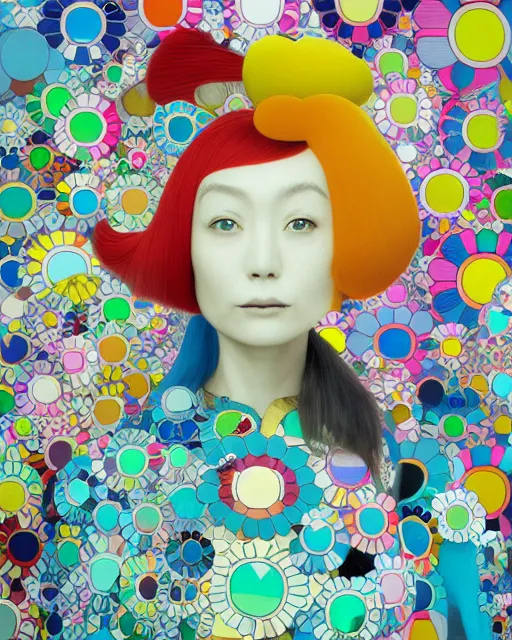 Image similar to A portrait of a woman with a dress designed by Takashi Murakami, fashion art by beeple