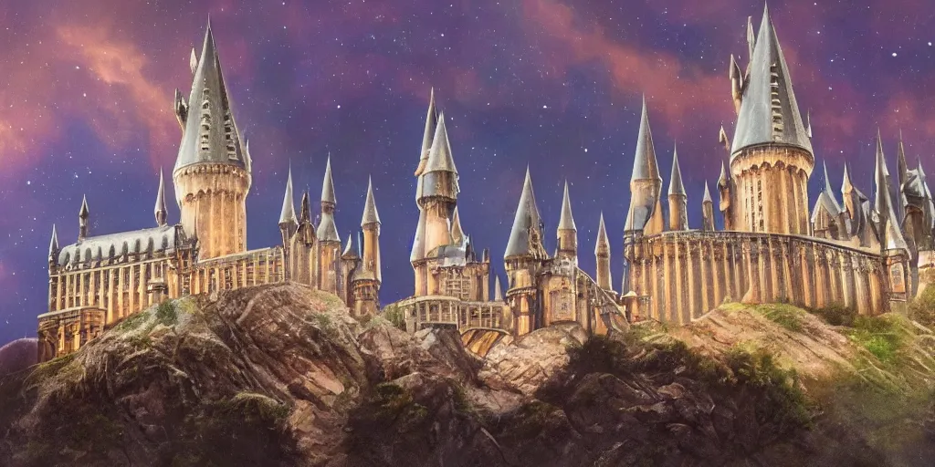 Image similar to insanely detailed long shot of hogwarts castle at night with glowing windows