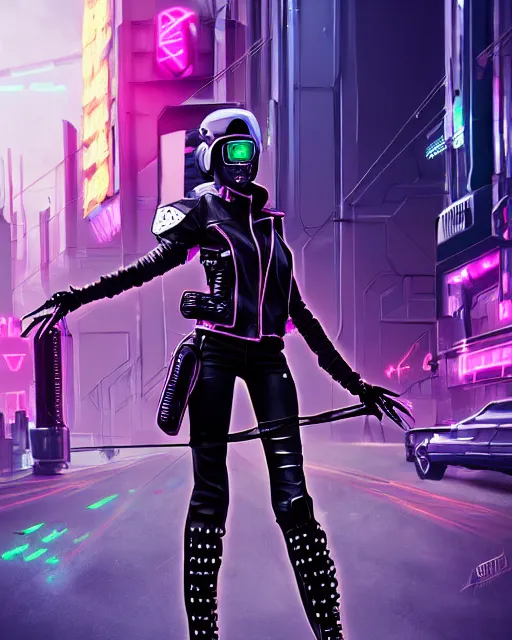 Image similar to concept art of a cyber punk girl wearing a black leather jacket with neon spikes, wearing a futuristic biker helmet, holding a futurstic cyberpunk weapon, standing in a busy cyberpunk city center | | epic - fine - trending on artstation, brush strokes