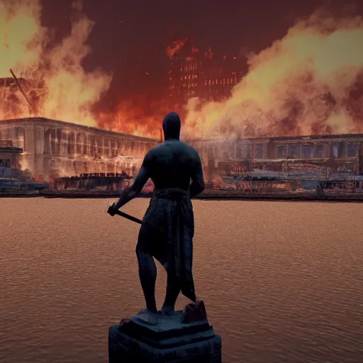 Prompt: large statue of a god standing in harbor, in flames, in a harbor, an ancient city on fire in the background, heavy smoke, unreal engine