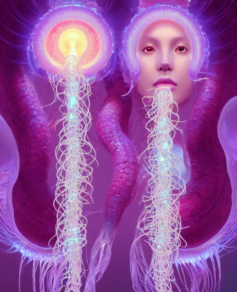 Image similar to goddess close-up portrait. orchid jellyfish phoenix head, nautilus, skull, betta fish, bioluminiscent creatures, intricate artwork by Tooth Wu and wlop and beeple. octane render, trending on artstation, greg rutkowski very coherent symmetrical artwork. cinematic, hyper realism, high detail, octane render, 8k