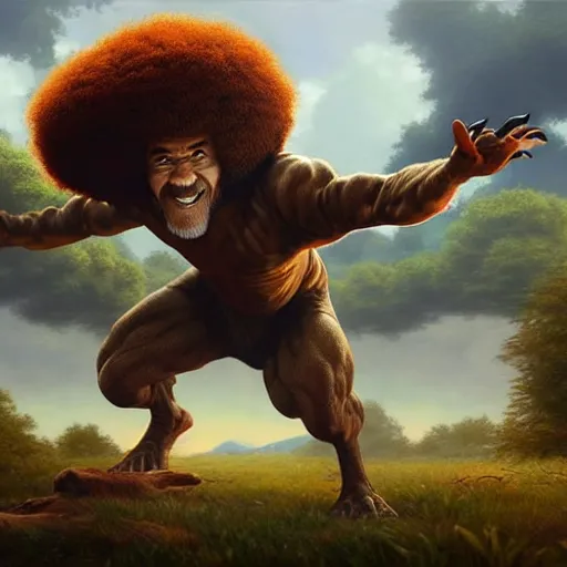 Image similar to bob ross!!! riding!!! a dinosaur!!, giant afro!, model pose, ultra realistic, concept art, intricate details, highly detailed, photorealistic, octane render, 8 k, unreal engine. art by artgerm and greg rutkowski and alphonse mucha