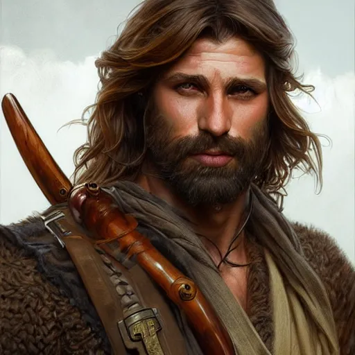 Image similar to Portrait of rugged male ranger, D&D, amber eyes, face, long hair, muscular, fantasy, intricate, elegant, highly detailed, digital painting, artstation, concept art, smooth, sharp focus, illustration, art by artgerm and greg rutkowski and alphonse mucha