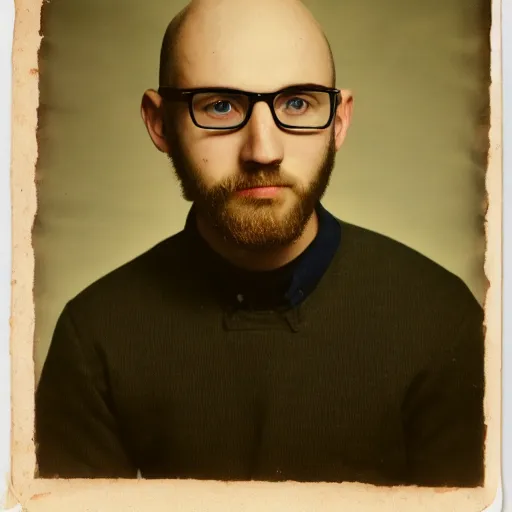 Prompt: photograph of a young casual man in his mid 2 0 s, very muscular, wearing round glasses with gold frame, bald, short dark blond beard, blue eyes, wearing a red lumberjack shirt