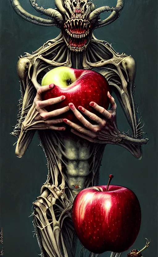 Image similar to tooth and flesh demon holding an apple gift by anna podedworna, ayami kojima, greg rutkowski, giger, maxim verehin