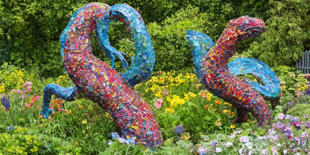 Prompt: folk art garden sculptures in an english cottage garden, cottagecore flower garden, concrete sculpture of a wyrm, colorful mosaic, sculpture by wouterina de raad!!!, art by james tellen, highly detailed, realistic anatomical proportions, textured hand built concrete sculpture, amazing concrete sculpture, 4 k