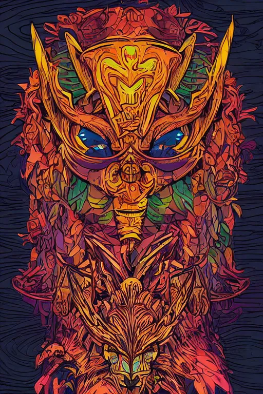 Image similar to animal mask totem roots flower tribal feather gemstone plant wood rock shaman vodoo video game vector cutout illustration vivid multicolor borderlands comics by josan gonzales and dan mumford radiating a glowing aura