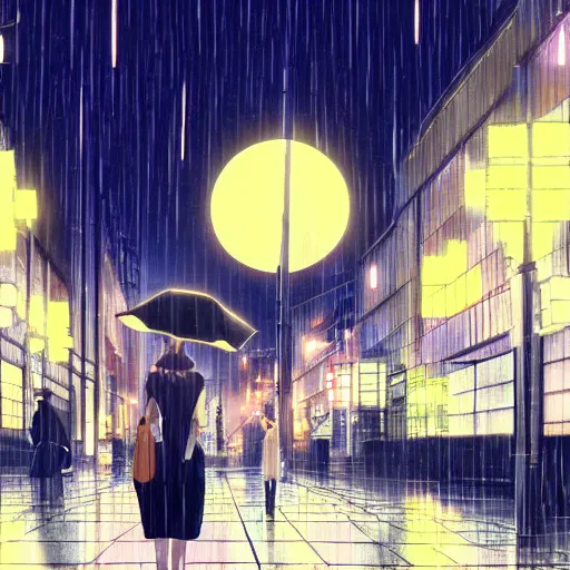 Image similar to beautiful anime girl walking in rainy osaka city center at night, anime key visual, digital art, anime screenshot, kyoto animation, makoto shinkai, trending on artstation