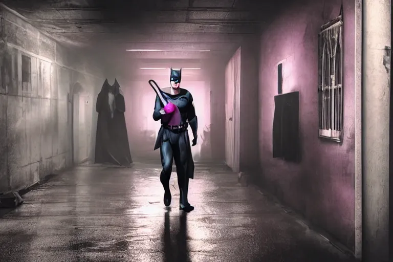 Image similar to michael keaton batman wearing pink apron wielding an axe, chasing through old brown decrepit hallway, creepy smile, atmospheric eerie lighting, photorealistic face, dim lighting, bodycam footage, motion blur, photograph