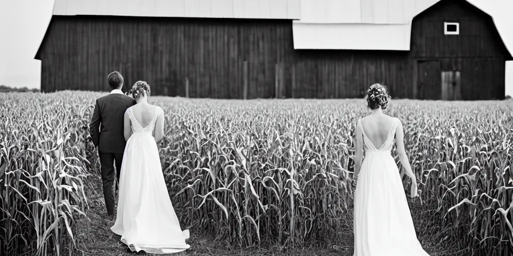 Prompt: analog photograph of beautiful bride from the back wearing a long flowing wedding dress in corn field with a barn at night by mark owen. red lights. bokeh. cinematic. hq. detailed. contrast. cinestill 8 0 0 t