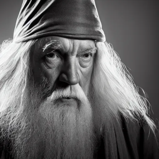 Image similar to a closeup black and white studio photographic portrait of gandalf, dramatic lighting