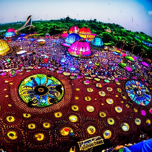 Image similar to a giant goa music festival, millions of people, intricate, highly detailed, centered, zeiss lens, 2 0 mm wideangle, photography