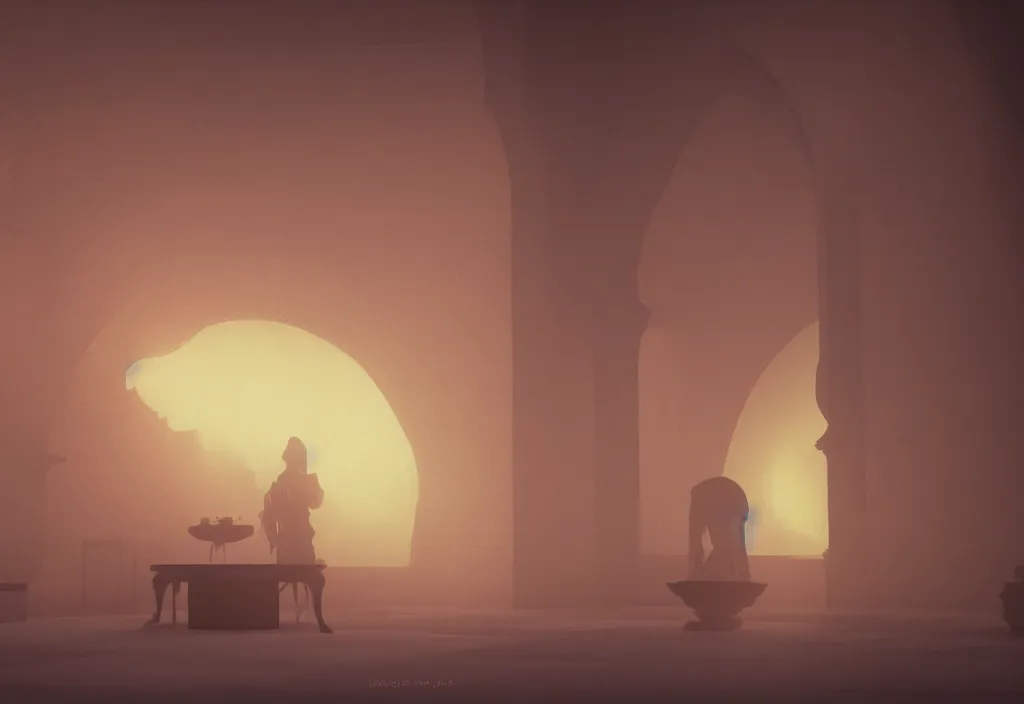 Image similar to a sfx demon inside a pristine palace, sunset, rendered in octane, mood fog