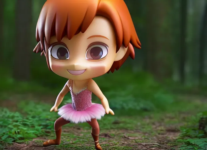 Prompt: redhead prima ballerina as nendoroid walking in a forest in the croods movie style, anime, disney, pixar, 8 k, hd, dof, kodak film, volumetric lighting, subsurface scattering, photorealistic, octane render, details