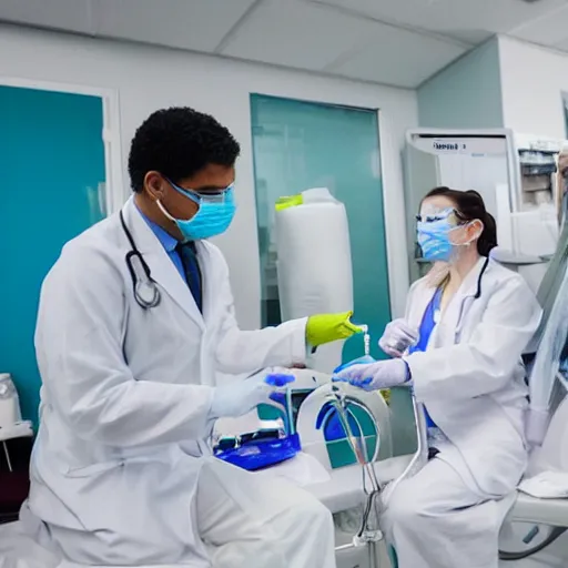 Prompt: doctors playing music with medical supplies, made out of clear tubing, syringes, urine collection bag, iv pole, fluid bag, nebulizer equipment, bag - valve mask, intubation equipment, speculum, defibrillator, flexiseal.