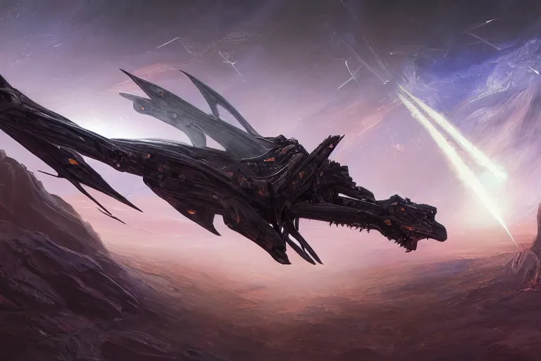 Image similar to ultra realistic cinematic lighting, lifelike, amazing detail, trending on art station, a pteranodon mecha fighter zooms through the dark primordial maelstrom void of an HR Giger a painted desert valley, contrails of smoke, nebula and cosmic sky, cinematic lighting, engines blazing robotech mecha styling by Jessica Rossier and John Berkey, cinematic, realistic