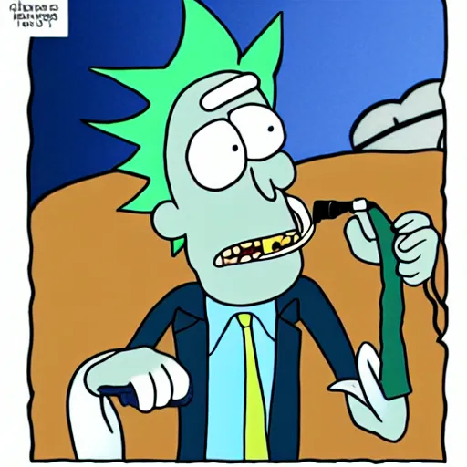 Image similar to cartoon of rick sanchez ( rick and morty ) smoking a plumber, in the style of rick and morty