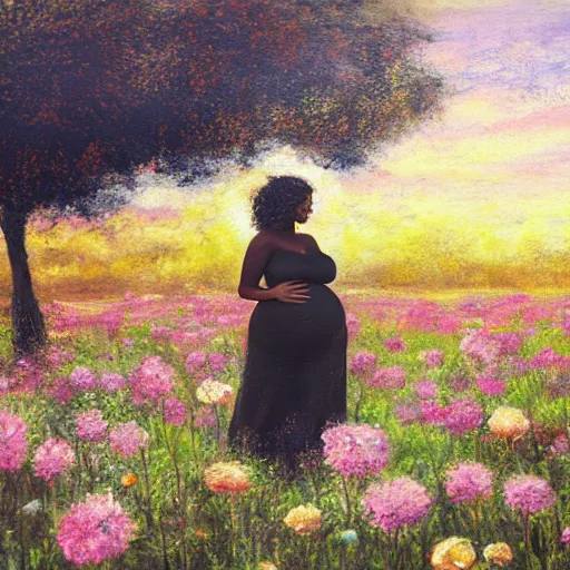 Image similar to pregnant black woman with curly hair in a vast field of flowers, laying down, a tiny black puppy running around, golden hour, vintage, impressionist painting, fine art, oil painting, dreamy, pastel, laughing, happy, intricate details, sharp, peaceful, serene