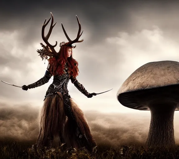 Image similar to a photo of an armored woman warrior redhead with antlers sitting on a giant mushroom that covers a whole village and reaches above the clouds by luis royo. intricate. lifelike. soft light. sony a 7 r iv 5 5 mm. cinematic post - processing