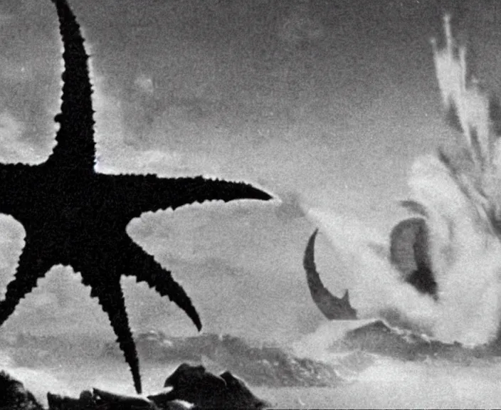 Image similar to a filmstill of a north korean monster movie, kaiju - eiga monster with starfish - arms trampling a traditional korean palace, foggy, film noir, epic battle, etheral, explosions, communist propaganda, communist epic thriller produced by kim jong - il, cinematography by akira kurosawa and tim burton, video compression