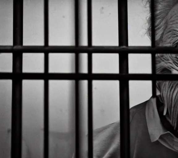 Prompt: Joachim Brohm photo of 'a muscled einstein laughing behind jail bars', high contrast, high exposure photo, monochrome, DLSR