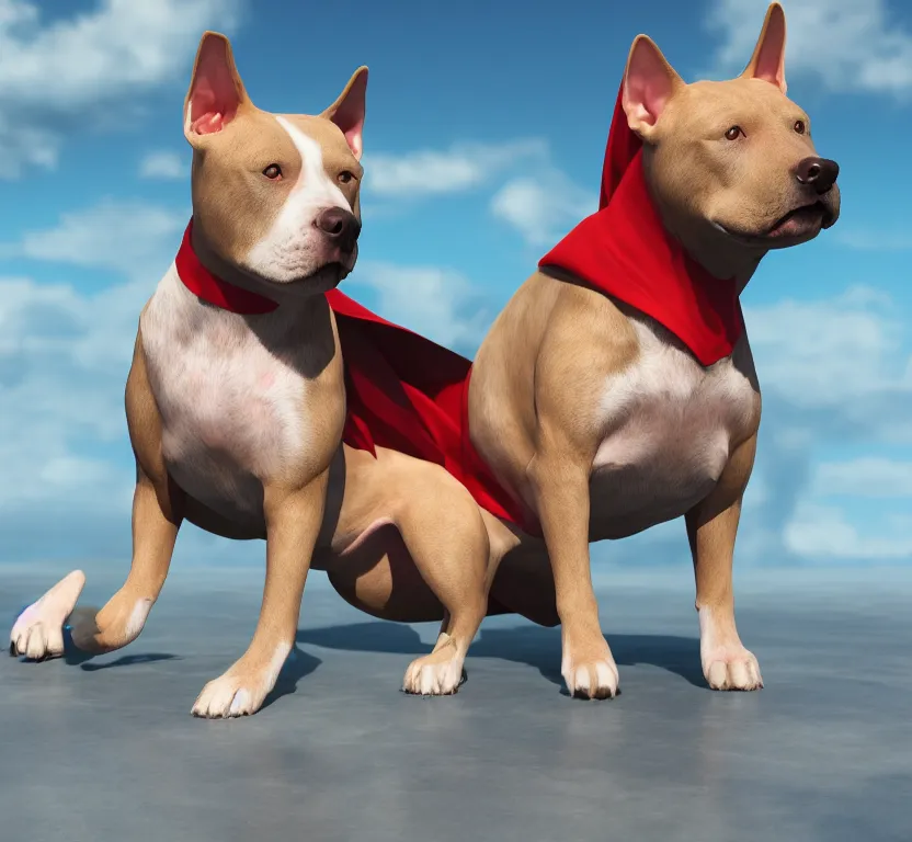 Image similar to pitbull dog wearing superman suit, hyperrealistic, 8 k resolution, well designed