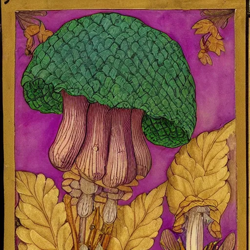 Image similar to illuminated manuscript of purple mushrooms with gold leaf in the style of Maria Sibylla Merian, extremely detailed, 8k