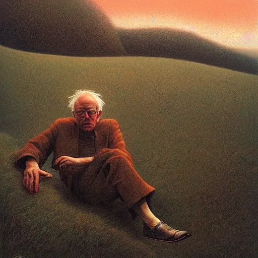 Image similar to a coherent award - winning beautiful!!! portrait of a calm bernie sanders!, sitting on a beautiful hill, painted by zdzislaw beksinski