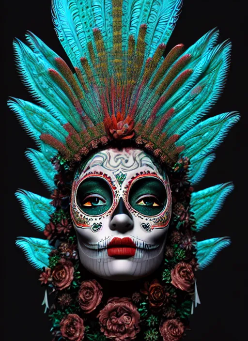 Image similar to 3 d mexican goddess profile portrait. beautiful intricate highly detailed day of the dead mask and feathers. low - key lighting, bioluminescent, plasma, lava, ice, water, wind, creature, quetzalcoatl, artwork by tooth wu and wlop and beeple and greg rutkowski, 8 k trending on artstation,