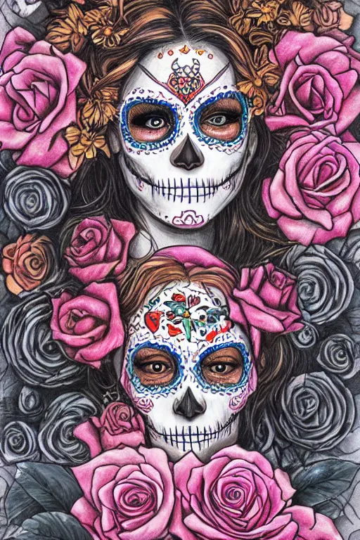 Image similar to illustration of a sugar skull day of the dead girl, art by ayami kojima