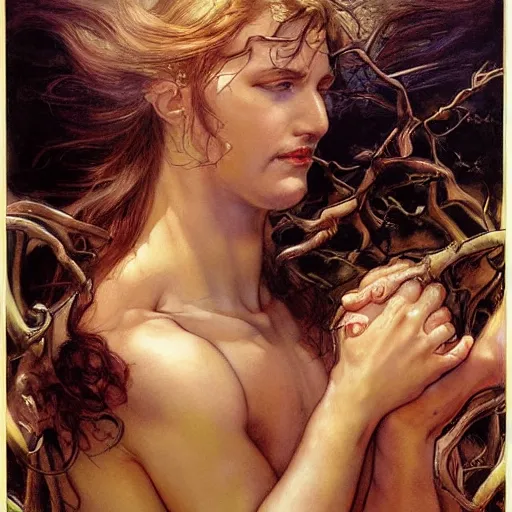 Prompt: realistic detailed face portrait of a the creation of adam and eve by gerald moira, ayami kojima, amano, greg hildebrandt, ann long, and mark brooks, female, feminine, art nouveau, victorian, neo - gothic, gothic, character concept design, storybook layout