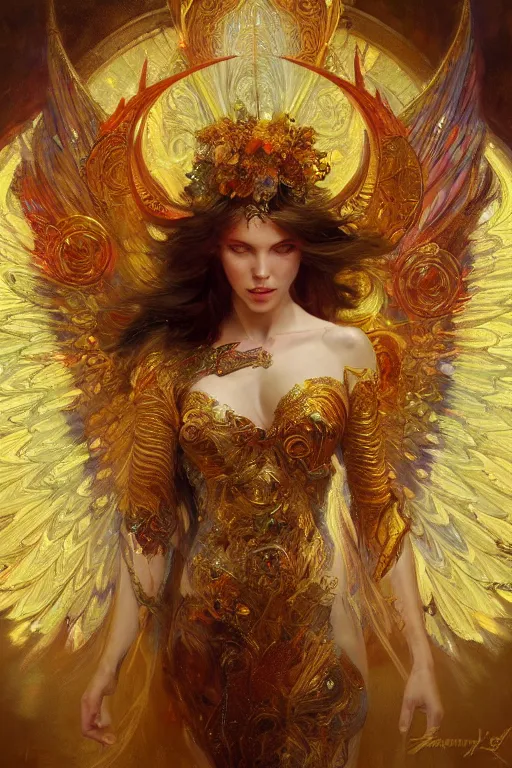 Prompt: an intricate painting of a beautifull angel with fire wings surrounded by energy, hyper detailed, ornamental gold headpiece, octane render, vivid colors, artstation, by jeremy mann, by alphonse mucha, by boris vallejo