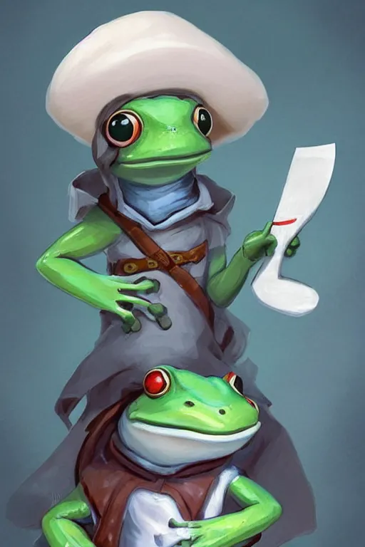 Image similar to cute anthropomorphic frog wearing a white butcher coat with a butcher hat and holding a cleaver knife ,tiny, small, miniature frog, baby animal, short, pale blue armor, cute and adorable, pretty, beautiful, DnD character art portrait, matte fantasy painting, cgsociety Artstation, by Jason Felix by Steve Argyle by Tyler Jacobson by Peter Mohrbacher, cinematic lighting