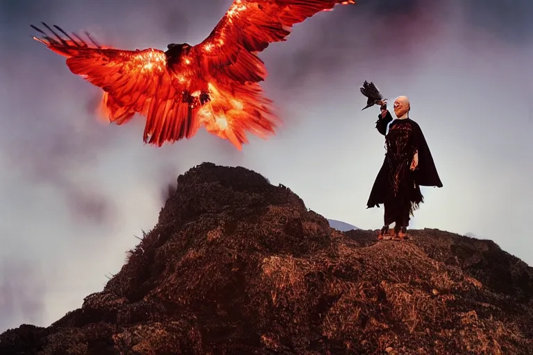 Image similar to at Dusk a witch woman dressed in an elaborate tattered cloak with hood, stands overlooking a mountain range as she holds up a lit and burning red signal flare. An american bald eagle flies towards her. Portrait by annie Liebowitz.