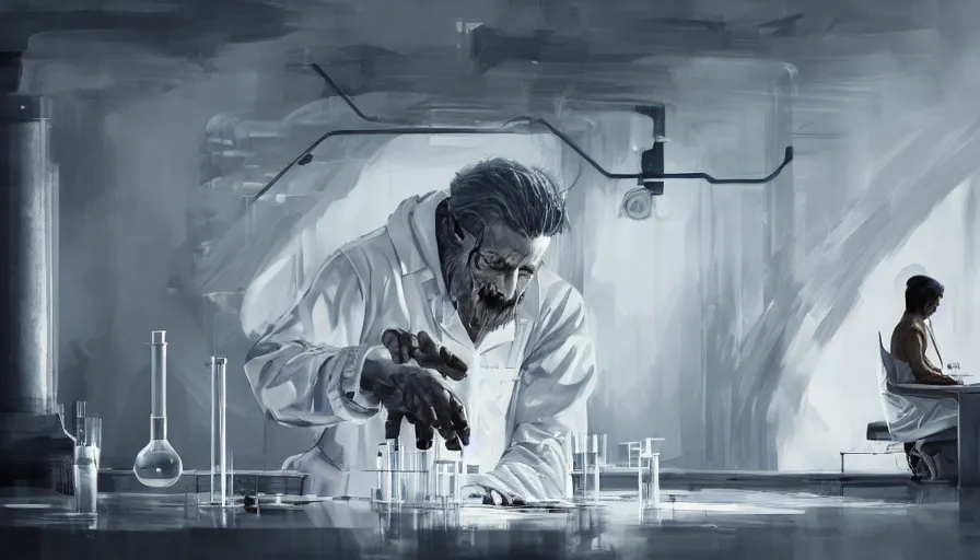 Image similar to concept art of a scientist creating a new specie in laboratory by jama jurabaev, dramatic cinematic shot, brush hard, artstation, high quality, brush stroke