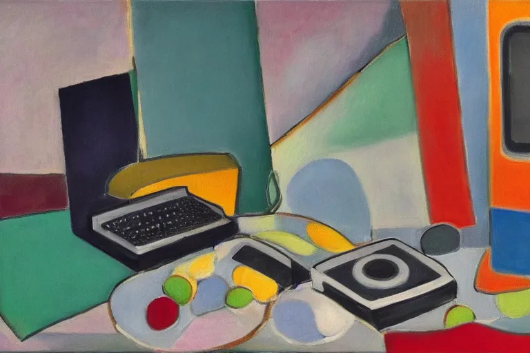 Prompt: still life painting of vintage computers by Henri Matisse, oil on canvas, strong lighting, highly detailed, hyper realism, HD, 4K