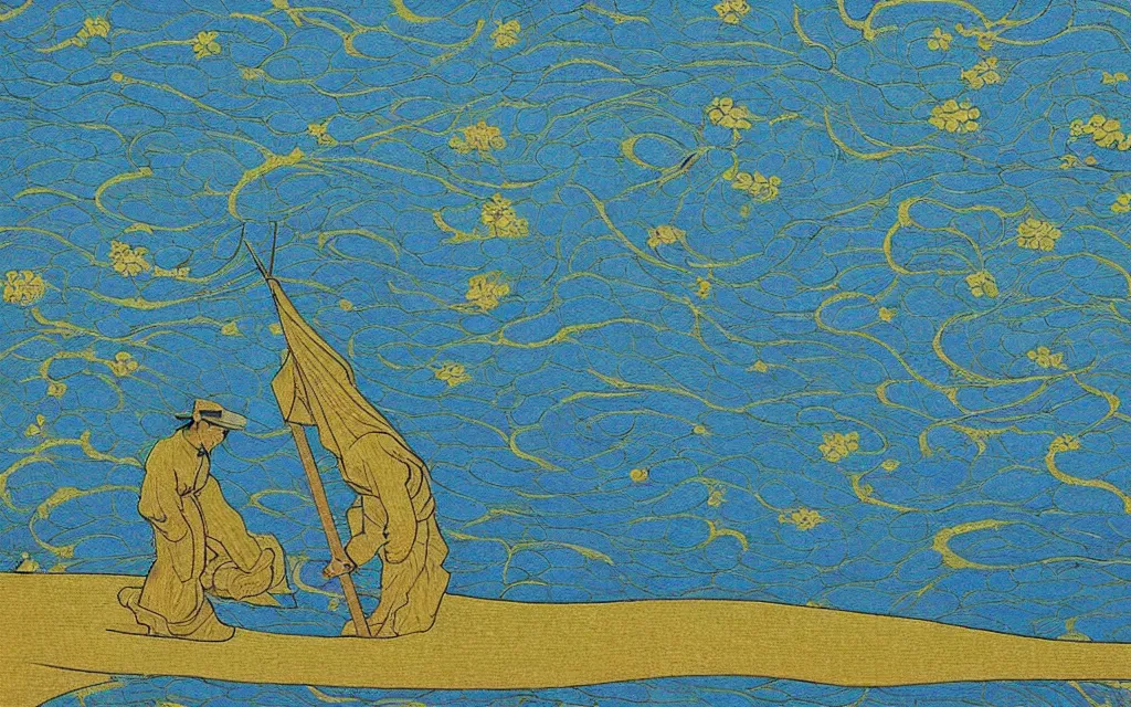 Image similar to a serene morning at the lake, fractal. japanese embroidery. retro minimalist art by jean giraud and van gogh.