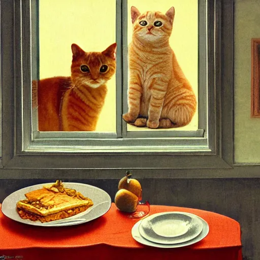 Prompt: fat orange tabby cat eating lasagna on a table, afternoon, norman rockwell, neighborhood outside window