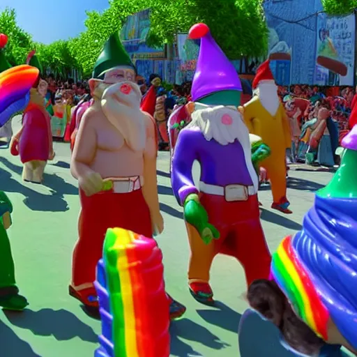 Prompt: the pride gay parade of gnomes in Dushanbe, super detailed high resolution cinematic scene