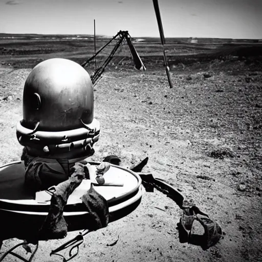 Image similar to wide angle photo of viking wearing space suit helmet and viking armor working on the antigravity gun ancient device, tools and junk on the ground,wires and lights, old village in the distance, vintage old photo, black and white, sepia