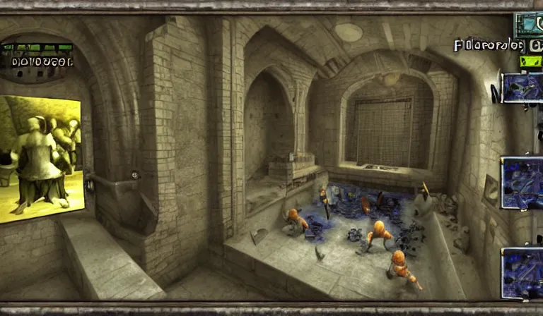 Prompt: Dungeon crawler with UI, 2DCG, 3D environment!!!!!!, first-person!!!!!! POV, PS1 game, by Hieronymous Bosch!!!!!