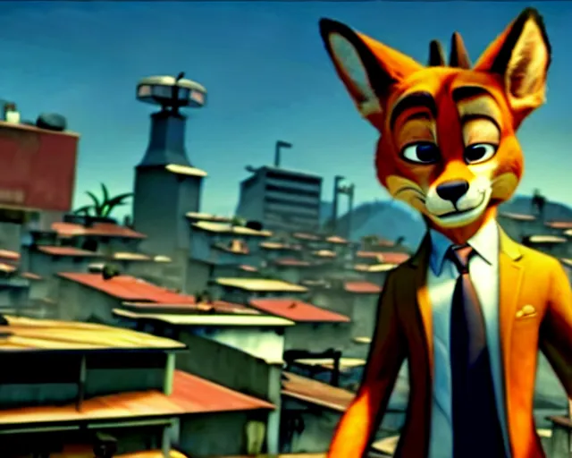 Image similar to nick wilde as max payne 3 set in gritty neo - noir zootopia, battle through the favela / furvela