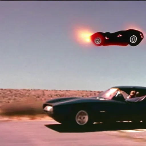 Image similar to car chased by anothrr car which is flying in the sky, movie still of James bond