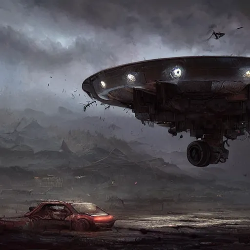 Image similar to crashed old rusty forgotten ufo, concept art, art station landscape, greg rutkowski, cinematic lighting hyper realistic painting, dark atmosphere