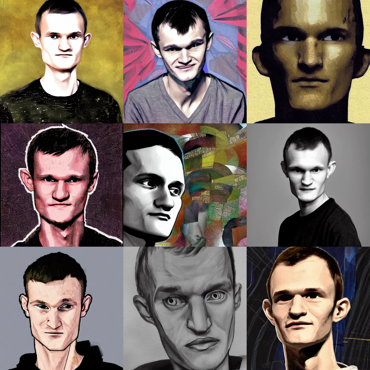 Prompt: vitalik buterin portrait, by dave mckean